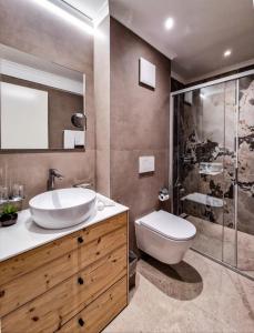 ein Badezimmer mit Waschbecken, Toilette und Dusche in der Unterkunft John's Lodge in Les Collons