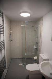 a bathroom with a shower and a toilet and a sink at Stylish Apartment Coppcliffe Grantham in Grantham +17 photos