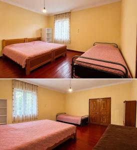 two pictures of a bedroom with two beds at roomes in Surami