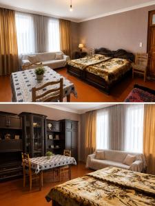 two pictures of a bedroom with two beds and a living room at roomes in Surami