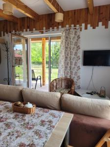 a living room with a couch and a tv at Domki Strumieniowa in Wólka Tanewska