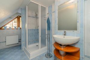 a bathroom with a sink and a shower at Chalet Drevarska in Benecko +42 photos