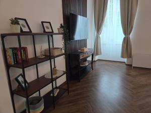 a living room with a television and a book shelf at Apartmán Square Lipno in Horní Planá