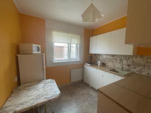 a kitchen with a white refrigerator and a window at Frendlen Papiniidu Apartment in Pärnu
