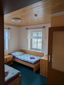 a bedroom with two beds and a window at penzion ŽEROTÍN in Staré Město