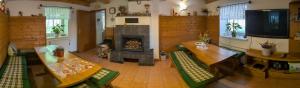 a living room with a fireplace and a table and chairs at penzion ŽEROTÍN in Staré Město