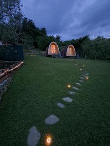 a row of small domes on a lawn with lights at Ca' della Civetta in Gavedo +7 photos