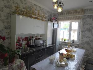 a kitchen with a table and a counter top at Dosoi Guest House Experience Song-Kul with Horseback Tours in Kyzylemgek