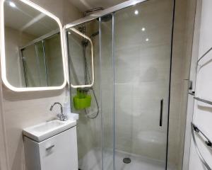 a bathroom with a shower and a sink at Eiffel Tower spacious 2-bedroom, 2-bathroom quiet apartment, elegant and peaceful in Paris +27 photos