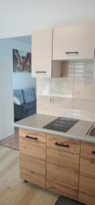 a kitchen with wooden cabinets and a counter top at Wzgórze za miedzą - Niezależne Studio z osobnym wejściem in Sicienko