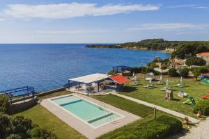 an aerial view of a house with a swimming pool and the ocean at Villa Hera Periyali in Vasilikos