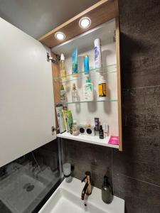a bathroom with a sink and a shelf with toiletries at Ralfi in Alba Iulia