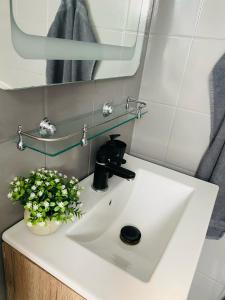 a bathroom with a white sink and a mirror at Magenta Apartman in Mórahalom