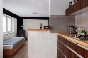 a bedroom with a bed and a kitchen with a counter at Apartman Borievka in Poprad
