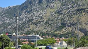a cruise ship in front of a mountain at Apartments MiMa in Kotor +11 photos