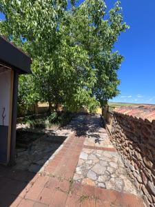 a tree in front of a stone wall at Casa Familiar Mazalvete in Mazalvete +7 photos