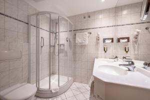 a bathroom with a shower and a sink and a toilet at Hotel und Restaurant Röbler Thor in Wittstock