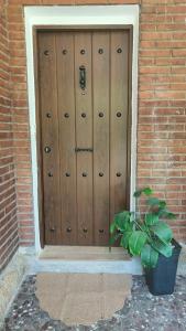 a set of wooden lockers with a potted plant in front at Villa Lorelia in La Adrada