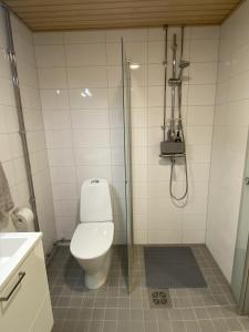 a bathroom with a toilet and a shower at Modern studio next to Finnoo metro - Tuohi BossHomes in Espoo +6 photos