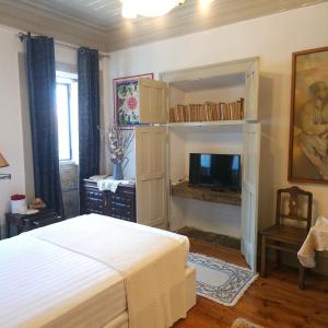 a bedroom with a bed and a tv and a fireplace at O Solarinho Azul in Oledo