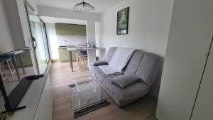 a living room with a couch and a kitchen at Studio moderne Climatisé Meylan centre proche CHU in Meylan