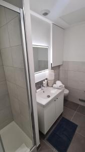 a white bathroom with a sink and a shower at Studio moderne Climatisé Meylan centre proche CHU in Meylan
