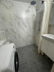 a bathroom with a shower and a washing machine at Frendlen Papiniidu Apartment in Pärnu +10 photos