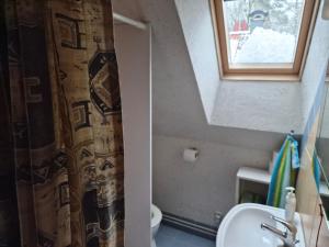 a bathroom with a sink and a toilet and a window at Ferienwohnung Am Spröckel in Bleckede
