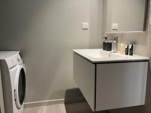 a bathroom with a sink and a washing machine at Coasteres T2 in Trébeurden