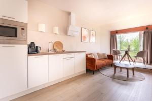 a kitchen and living room with a couch and a table at Tiny House XL | 2 persons in Gasselte