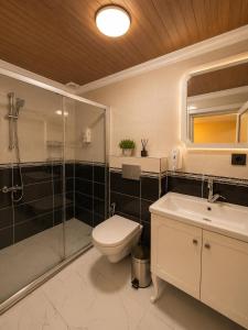 a bathroom with a toilet and a shower and a sink at Kuloğlu Otel ve Restoran in Uzungöl +42 photos
