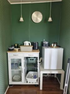 a kitchen with green walls and a table with a sink at Falsterly Glamping in Horbelöv