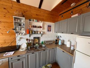 a kitchen with a sink and a refrigerator at Amaleczka Woda Las in Podjazdy +26 photos