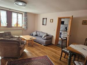 a living room with a couch and a table at Haus zur Ölmühle 2 in Steinsfeld