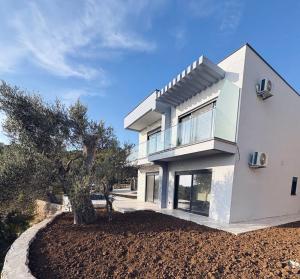 a white house with a tree in front of it at Villa Deromano in Šušanj