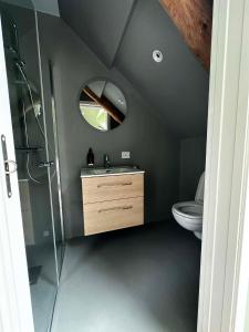 a bathroom with a shower and a sink and a toilet at Hauane Bed and Breakfast in Sandnes
