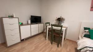 a bedroom with a table and a tv and a desk at Charmantes Studio in Solothurn