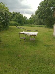 a picnic table in the middle of a field at Ferienhaus Lehmhaus in Häven +4 photos