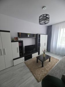 a living room with a couch and a table at The Cozy Velvet in Ocna-Mureşului