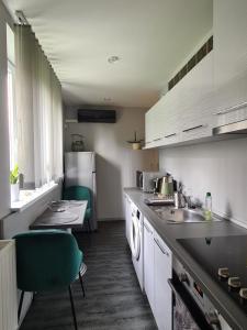 a kitchen with a sink and a counter top at Götzer Apartman in Komló