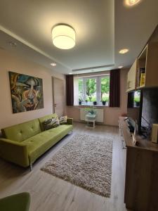 a living room with a green couch and a television at Götzer Apartman in Komló