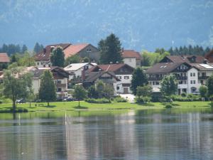 a group of houses next to a body of water at Apartment mit Seeblick - Hopfen am See in Füssen