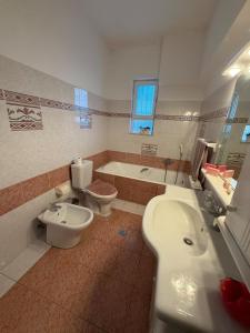 a bathroom with a toilet and a tub and a sink at Silver View House in Theologos +7 photos