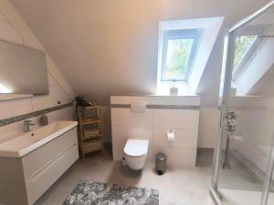 a bathroom with a toilet and a sink at Ferienwohnung-Heide-3 in Walsrode +15 photos