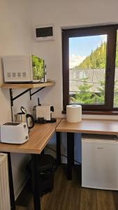 a kitchen with two desks with a microwave and a window at Casa de sub Hășmaș in Bălan