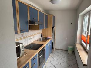 a small kitchen with blue cabinets and a sink at Anjas Ferienwohnung Buchenrod in Flieden +7 photos
