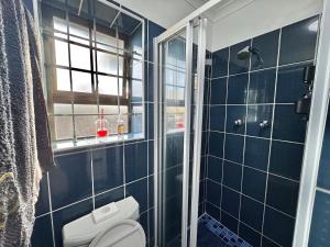 a blue tiled bathroom with a toilet and a shower at Sunesta Cottage in Gqeberha +48 photos