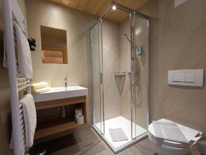 a bathroom with a shower and a toilet and a sink at Pension Edelweiss in Damuls