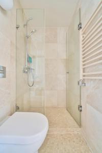 a bathroom with a shower and a white toilet at Visit Nida Apartments in Nida