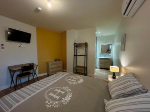 a bedroom with a bed and a desk and a television at L'Apparth, maison partagée 7 chambres in Parthenay